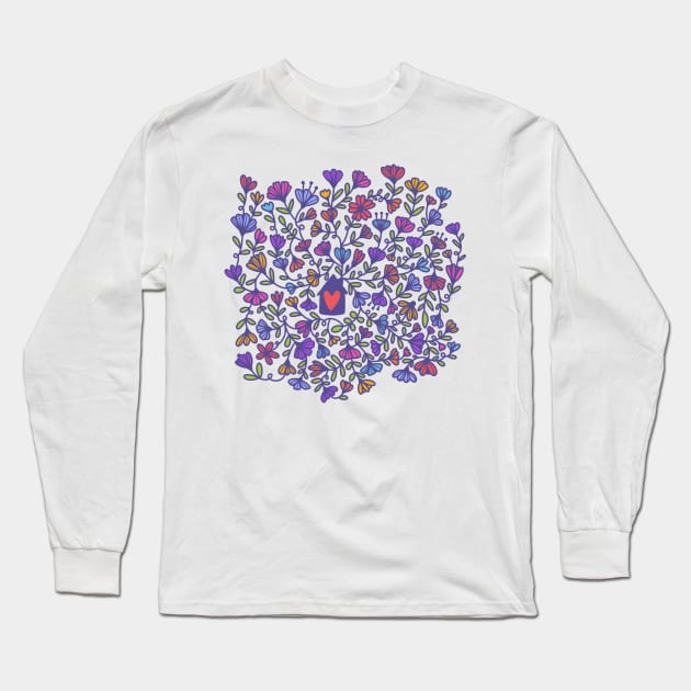 House with line art flowers surrounding it Long Sleeve T-Shirt by StephersMc
